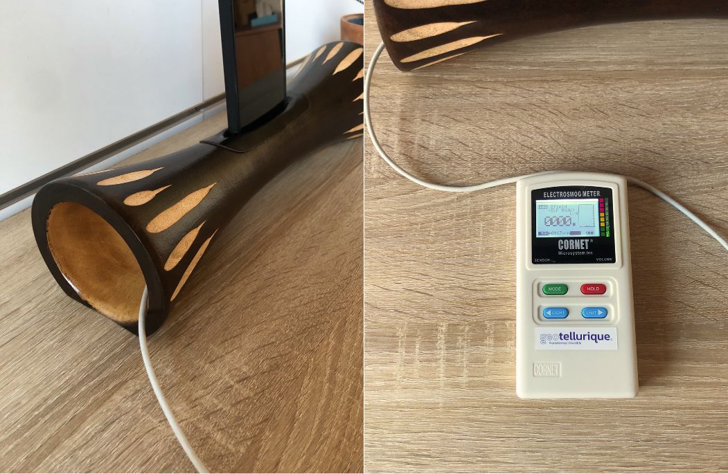 Mesure des ondes autour du câble du smartphone en charge - Mangobeat - Enceinte en bois de wengé et sans ondes - soleil - 35 cm